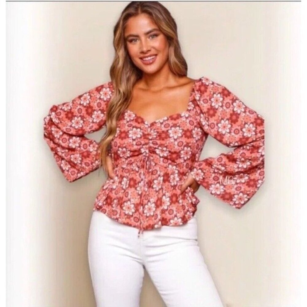 Peach Love California Retro Women's Brown Pink Floral Peplum Blouse Top Size M